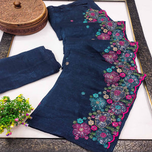 Blue Sheer Chiffon Saree with Artistic Floral Sequins Work