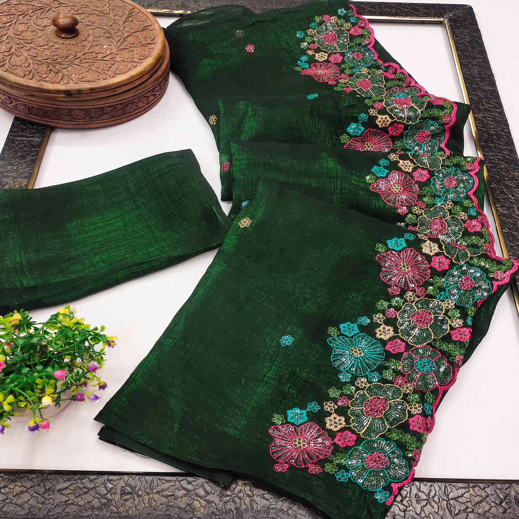 Green Sheer Chiffon Saree with Artistic Floral Sequins Work