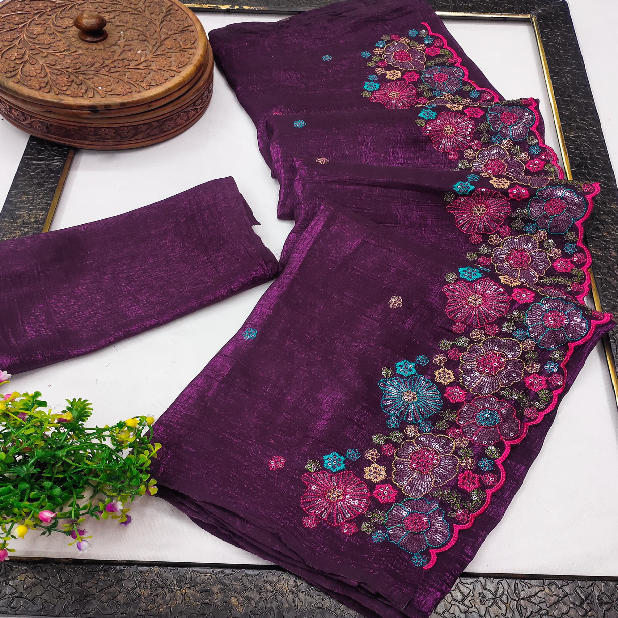Purple Sheer Chiffon Saree with Artistic Floral Sequins Work