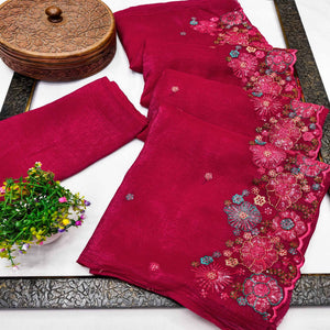 Rani Pink Sheer Chiffon Saree with Artistic Floral Sequins Work