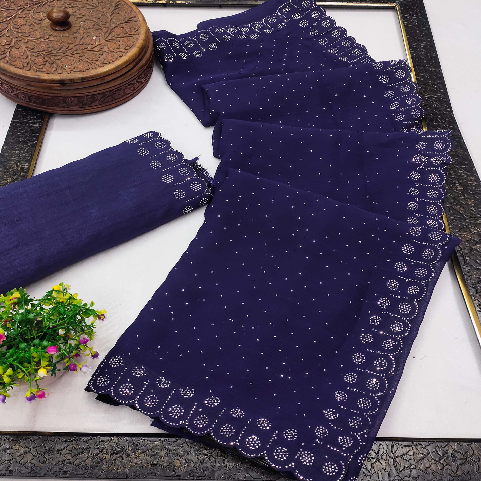 Chiffon Saree in Blue with Sparkling Stone Work Finish