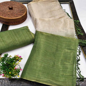 Solid Color Chikoo & Green Saree in Art Silk with Decorative Ends