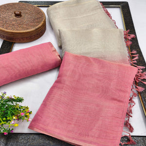 Solid Color Chikoo & Pink Saree in Art Silk with Decorative Ends