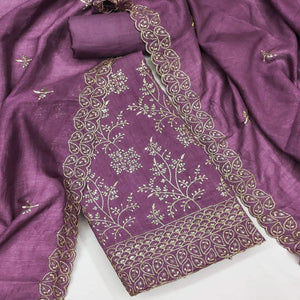 Lavender Vichitra Silk Dress Material with Sequins Embroidery