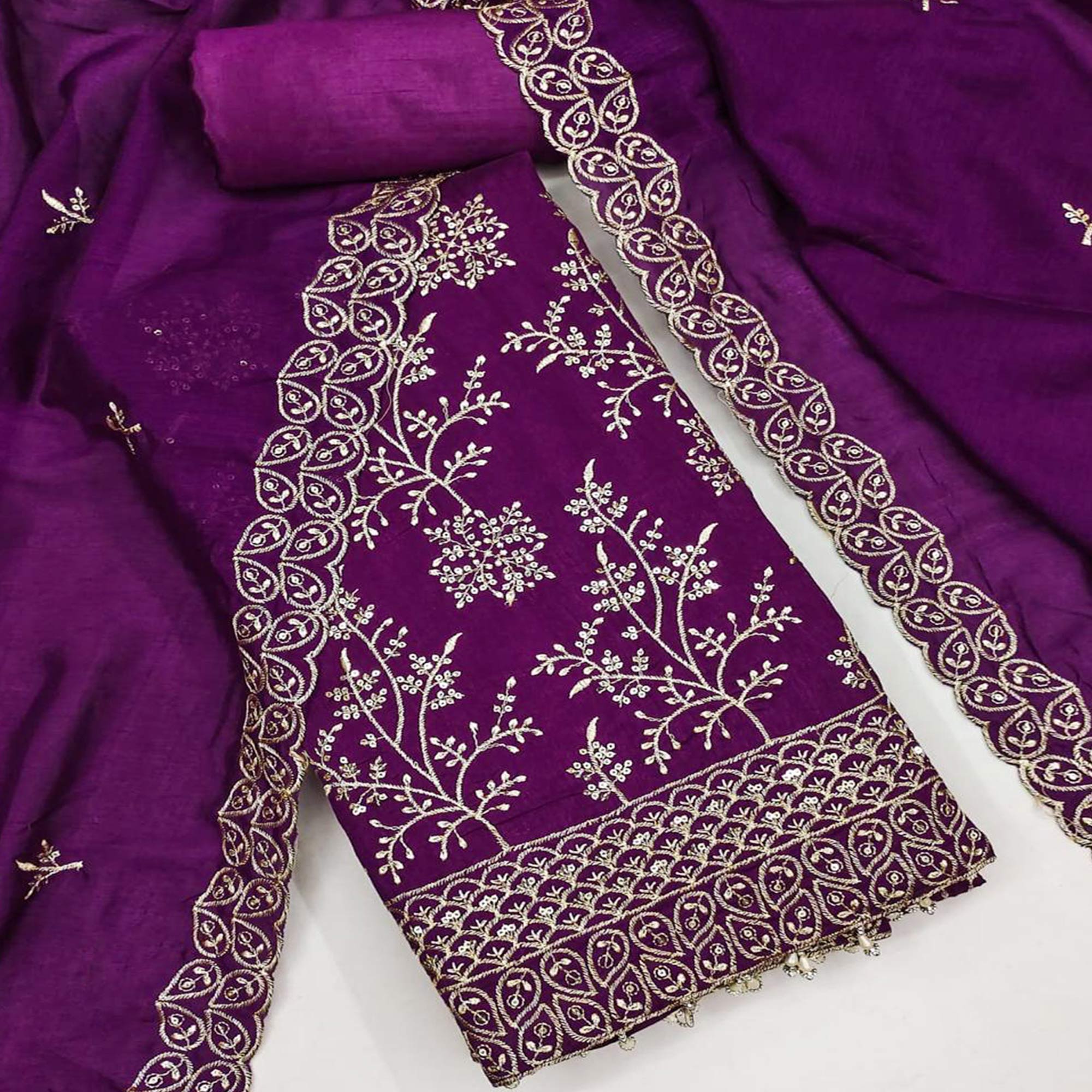 Purple Vichitra Silk Dress Material with Sequins Embroidery