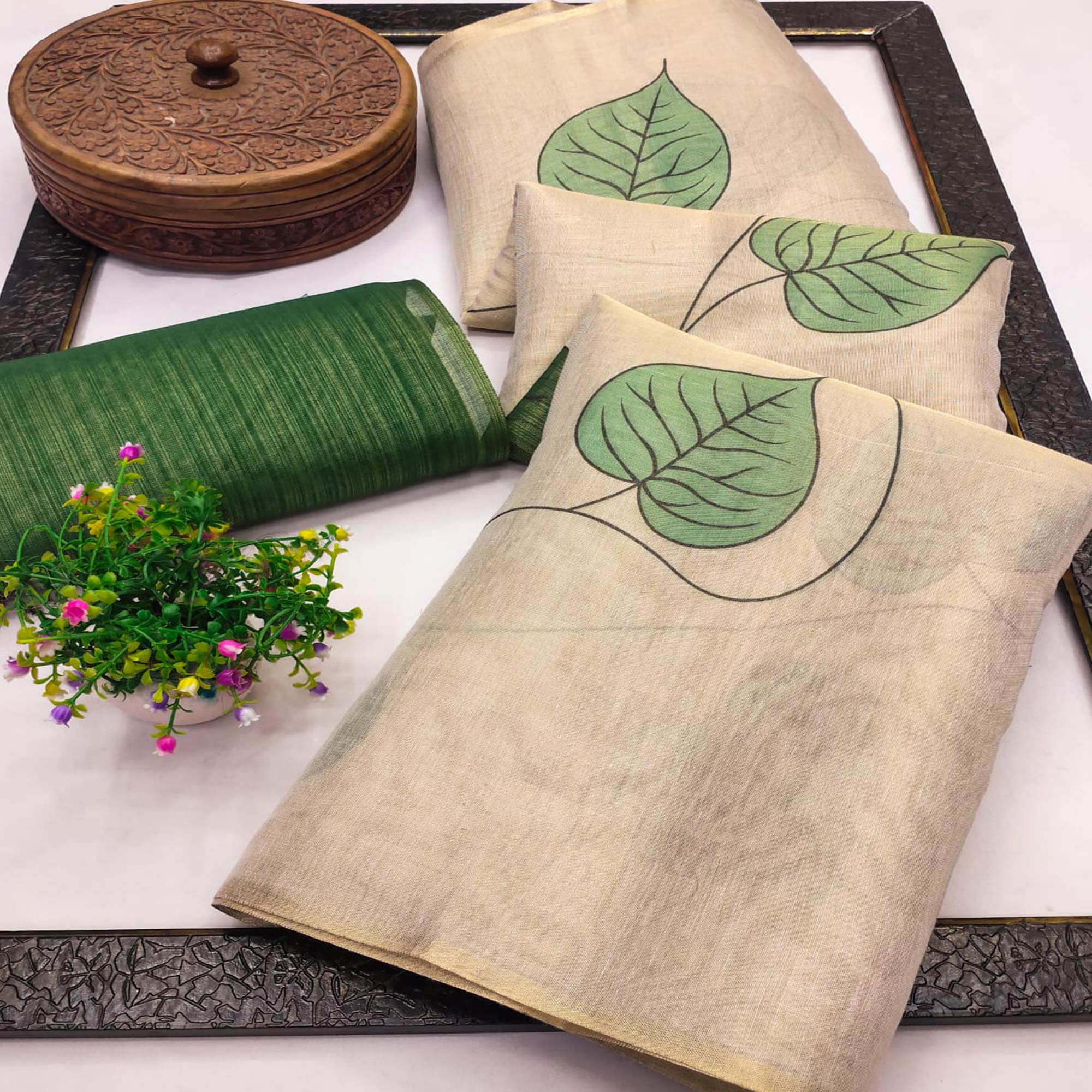 Beige & Green Saree in Art Silk Featuring Leafy Print & Tassels