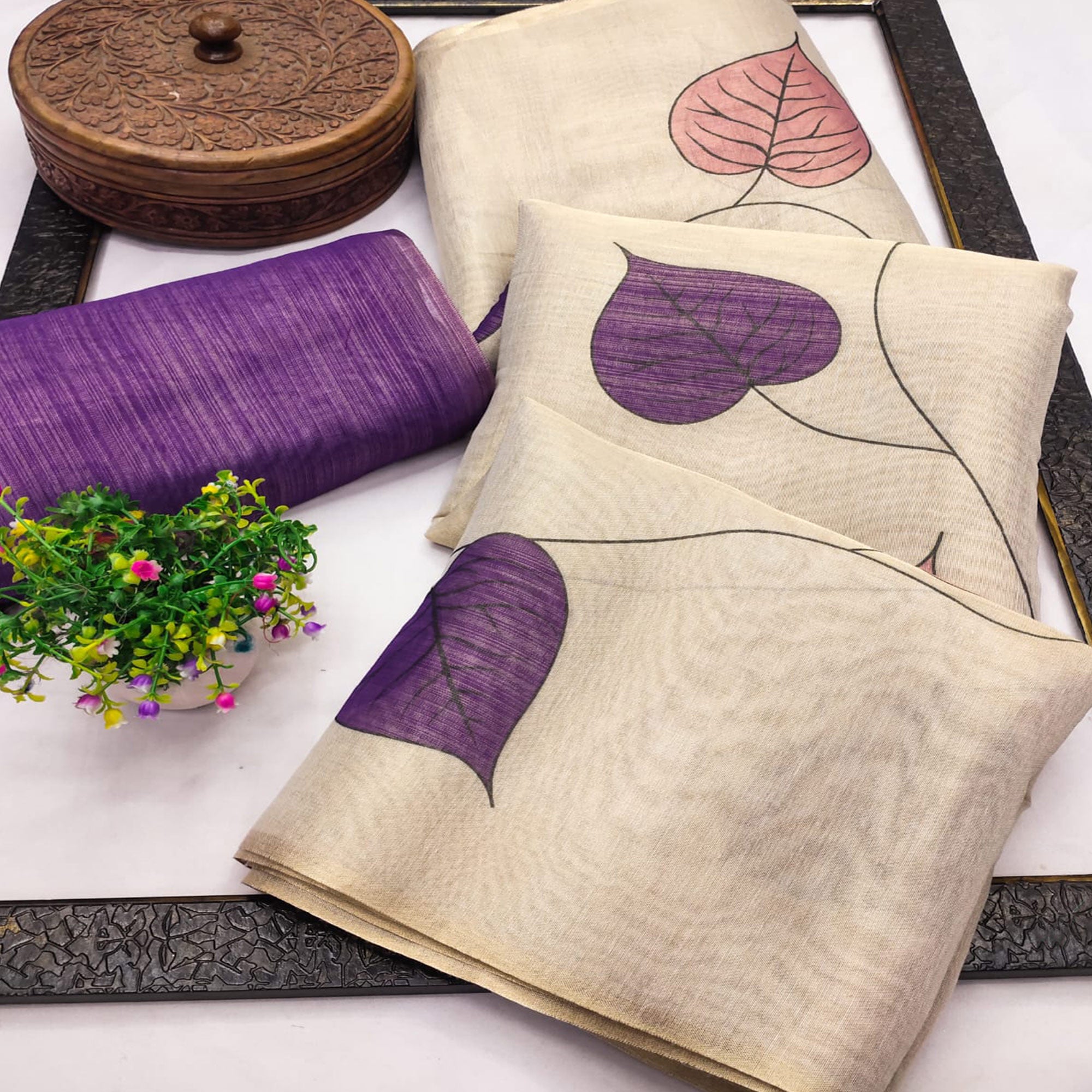 Beige & Lavender Saree in Art Silk Featuring Leafy Print & Tassels