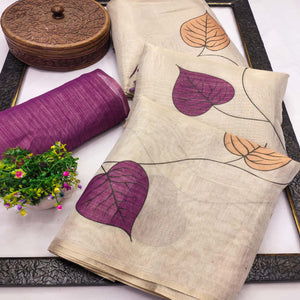 Beige & Purple Saree in Art Silk Featuring Leafy Print & Tassels