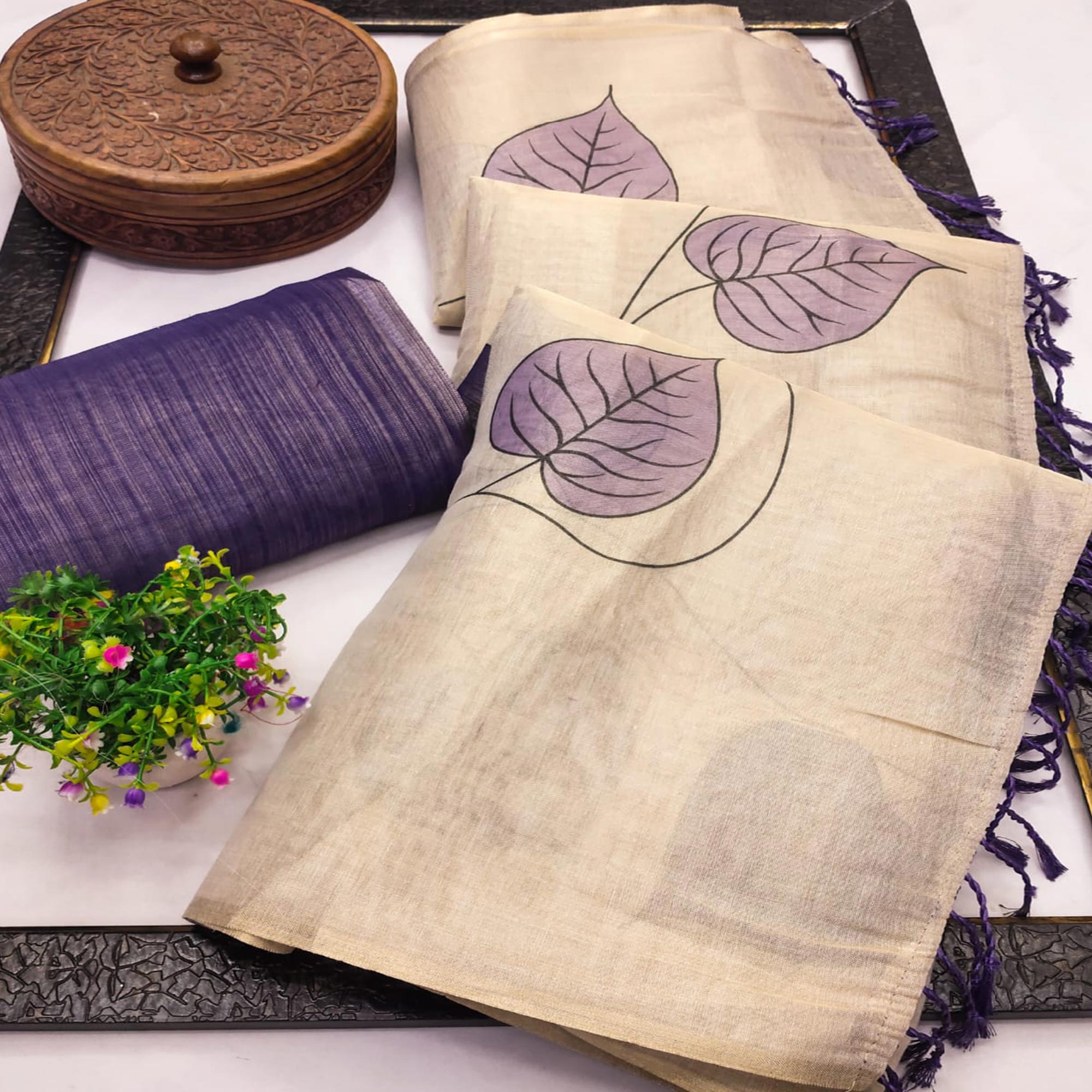 Beige & Violet Saree in Art Silk Featuring Leafy Print & Tassels