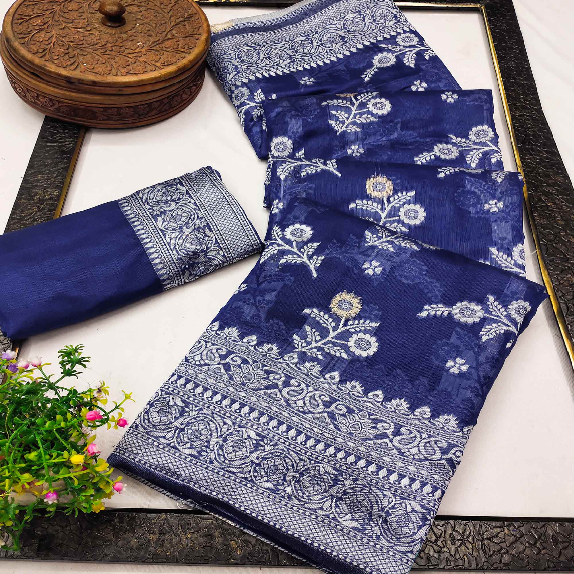 Festive Wear Blue Banarasi Silk Saree with Floral Zari Work