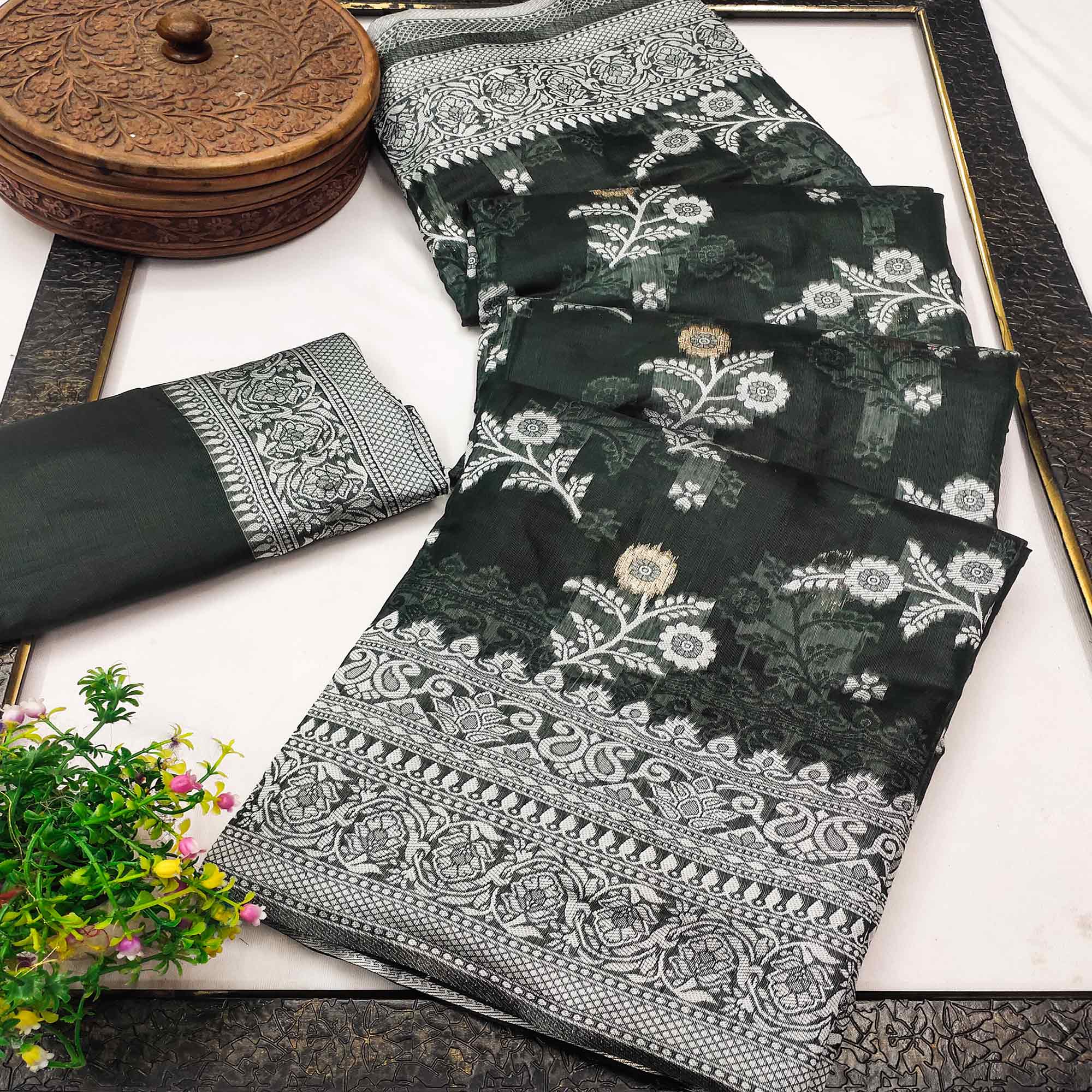 Festive Wear Deep Emerald Green Banarasi Silk Saree with Floral Zari Work