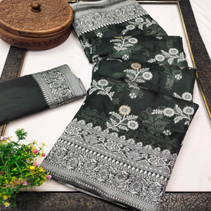 Festive Wear Deep Emerald Green Banarasi Silk Saree with Floral Zari Work