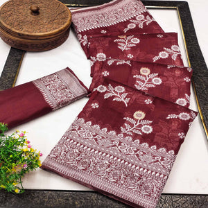 Festive Wear Maroon Banarasi Silk Saree with Floral Zari Work