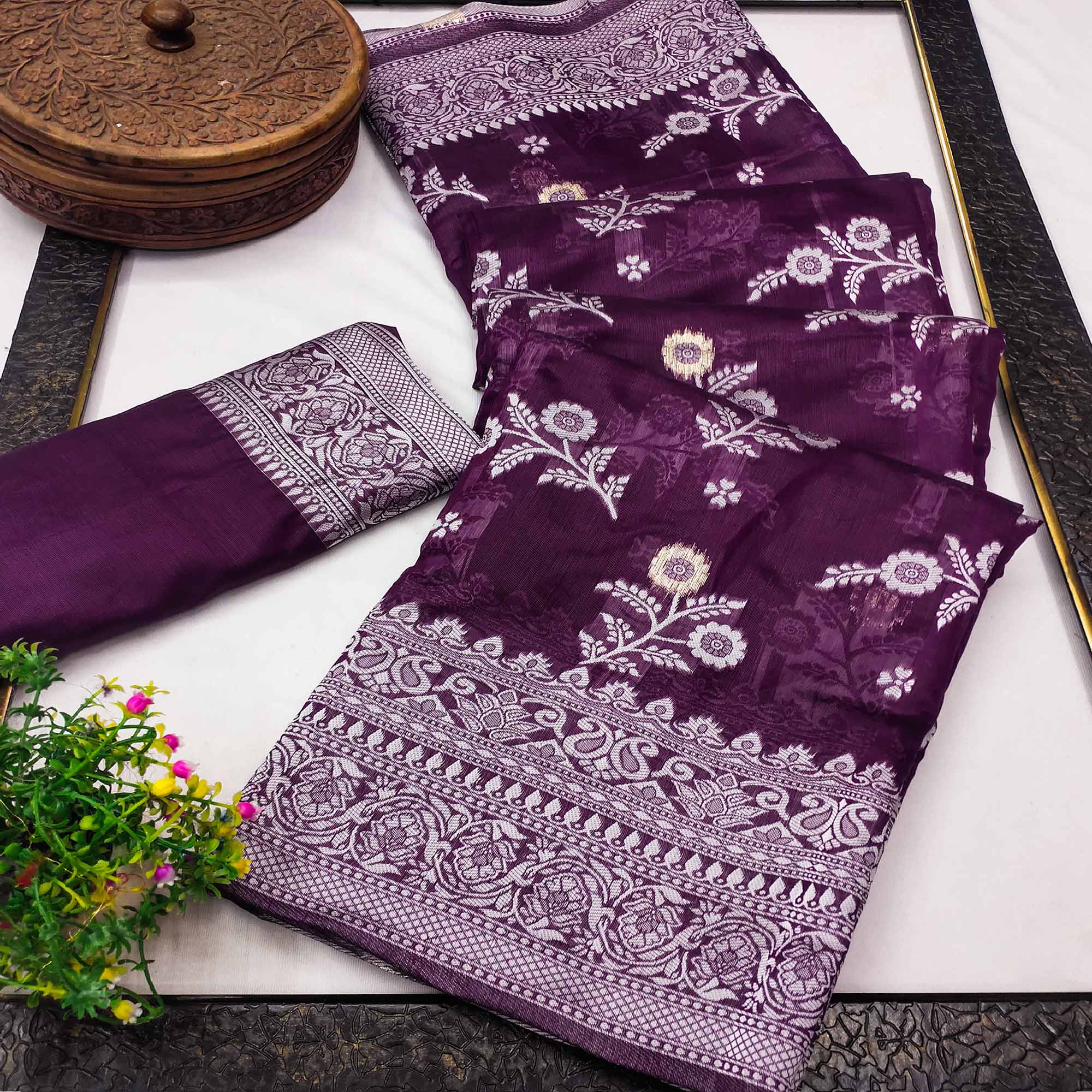 Festive Wear Purple Banarasi Silk Saree with Floral Zari Work