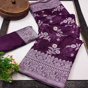 Festive Wear Purple Banarasi Silk Saree with Floral Zari Work