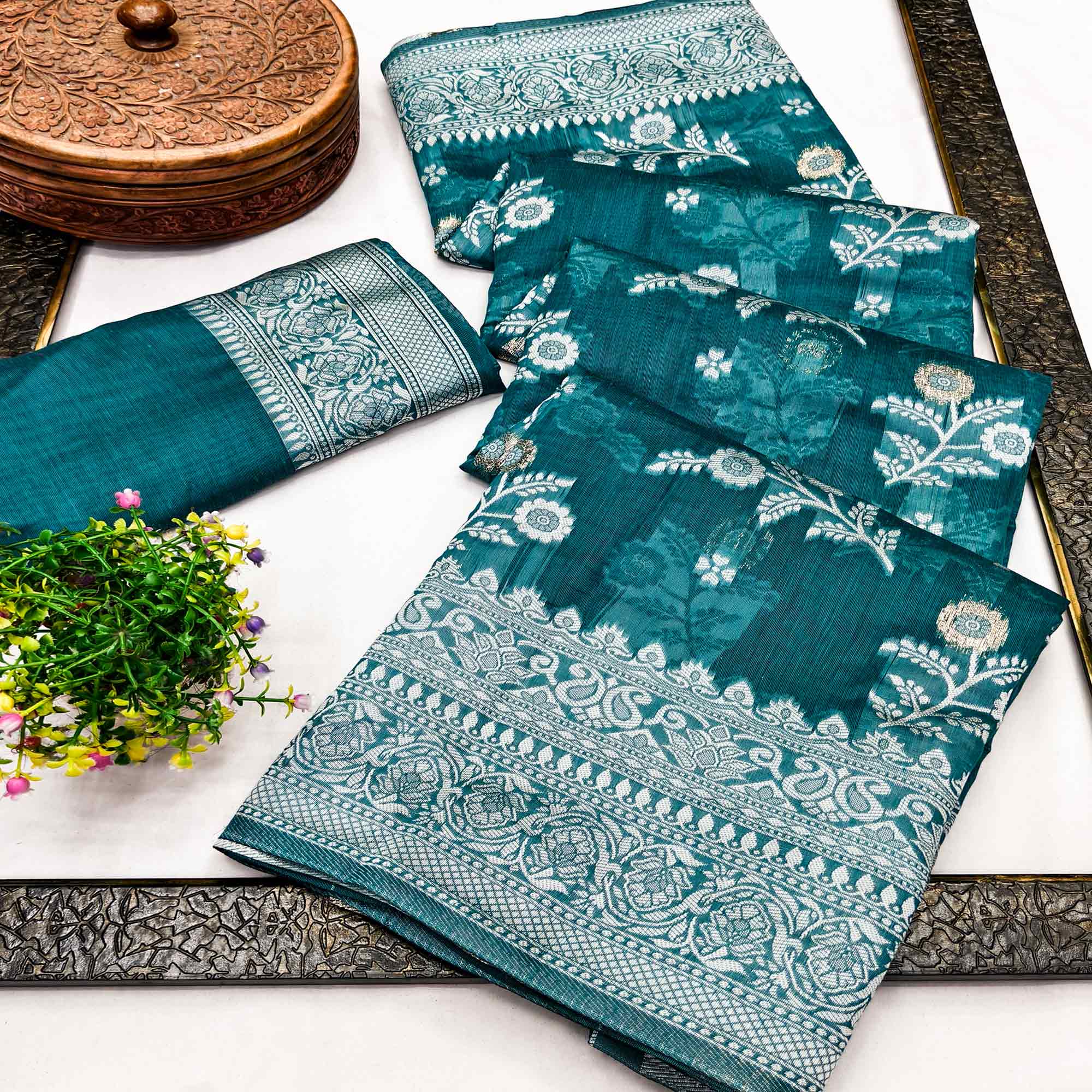 Festive Wear Rama Blue Banarasi Silk Saree with Floral Zari Work