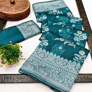 Festive Wear Rama Blue Banarasi Silk Saree with Floral Zari Work