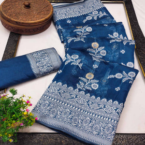 Festive Wear Teal Banarasi Silk Saree with Floral Zari Work