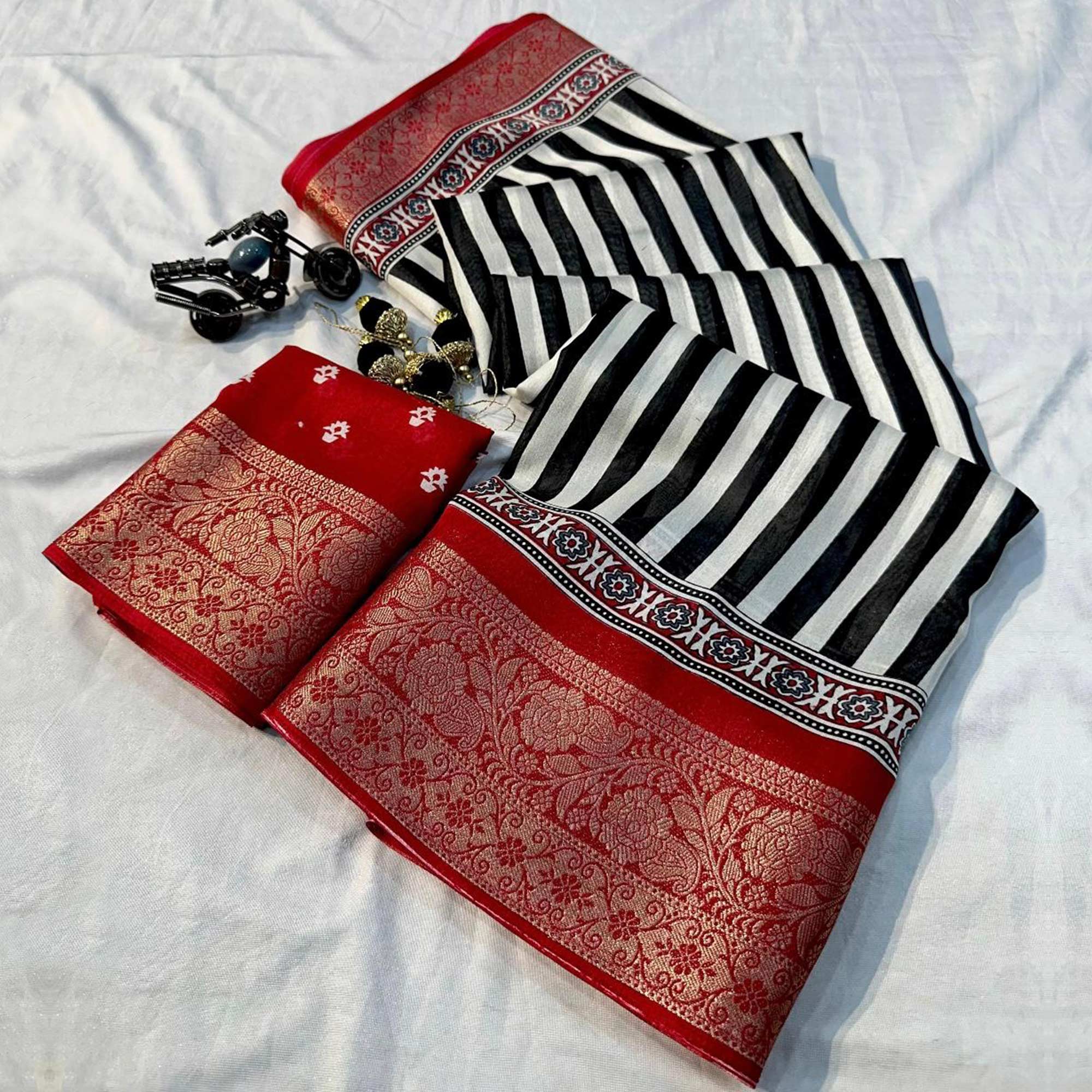 White & Red Woven Border Striped Print Dola Silk Saree for Festive Wear