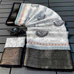 White Woven Border Floral Print Dola Silk Saree for Festive Wear