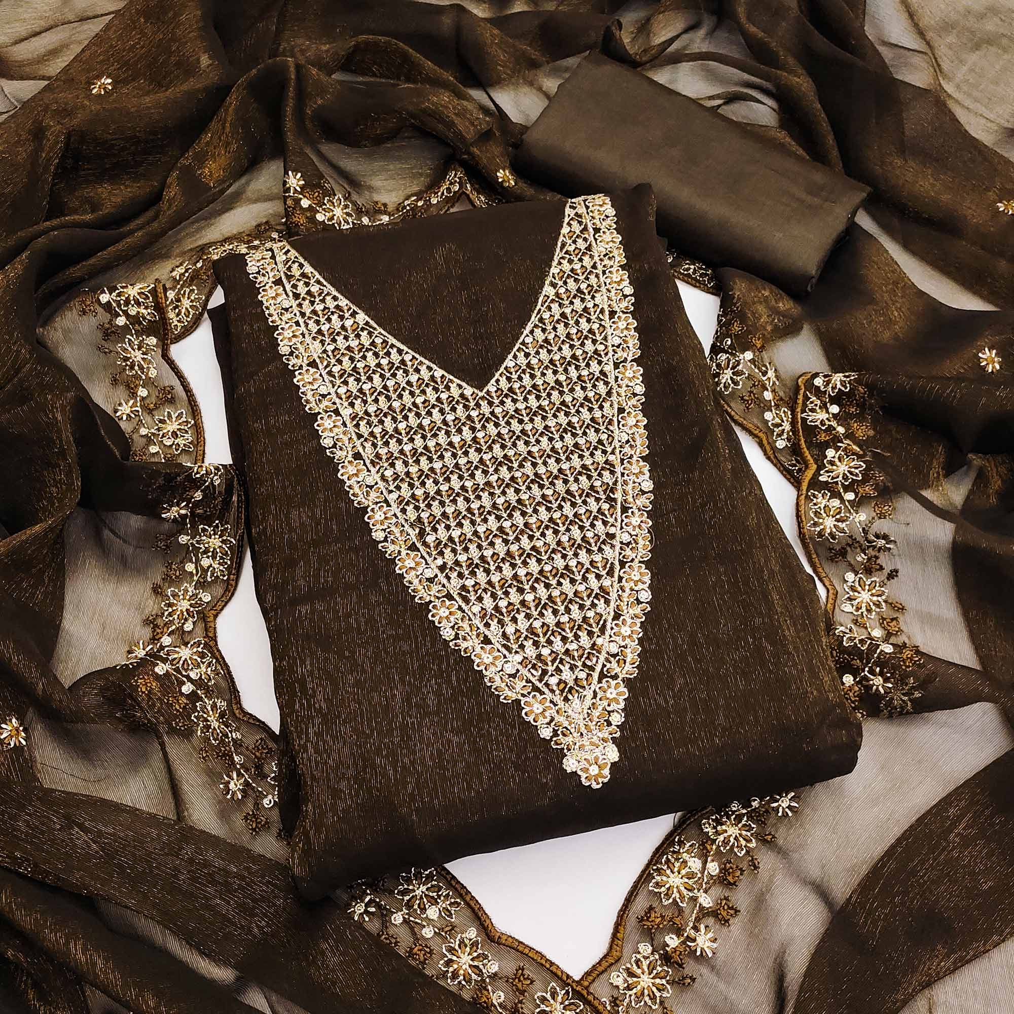 Deep Brown Party Wear Shimmer Dress Material with Floral Embellishment