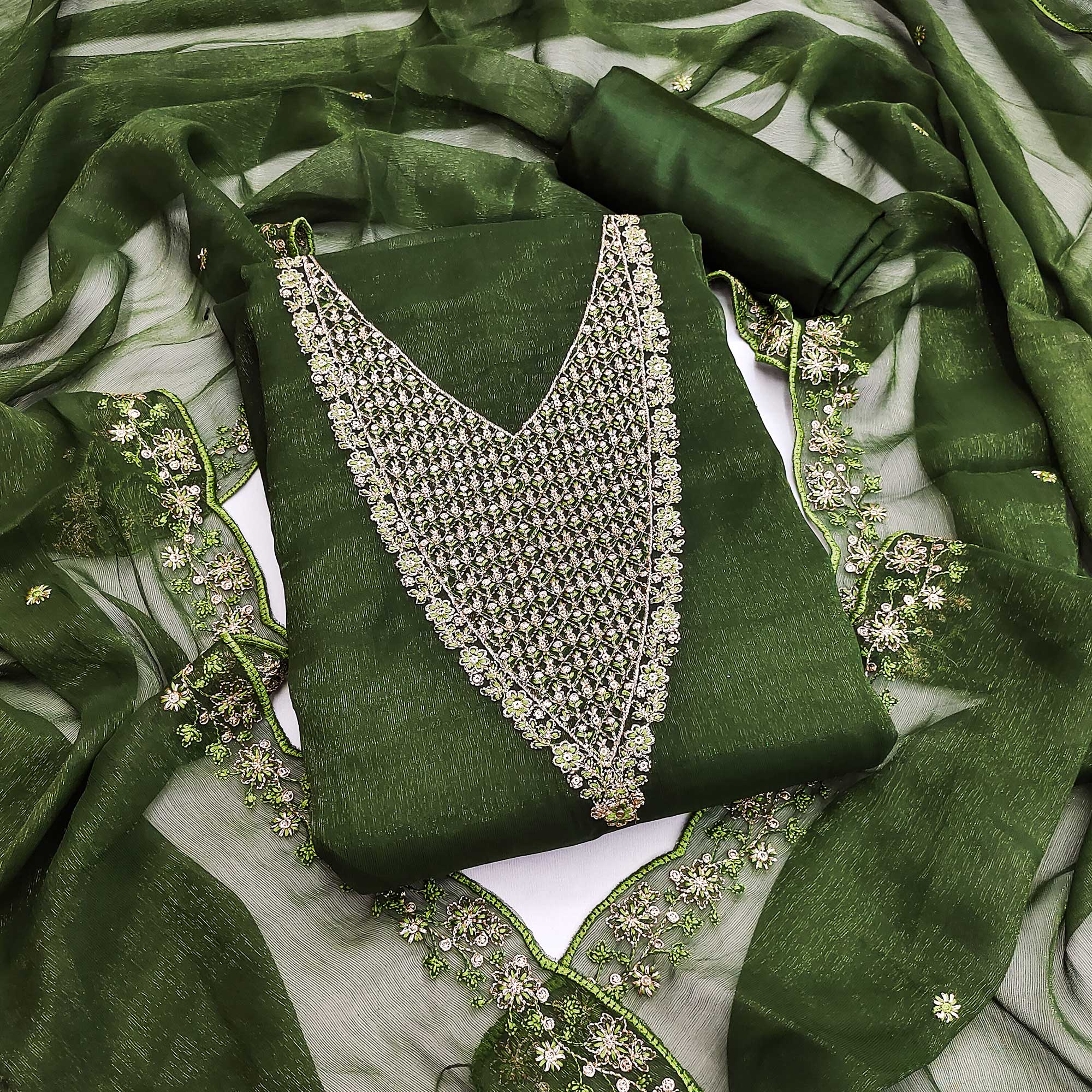 Green Party Wear Shimmer Dress Material with Floral Embellishment