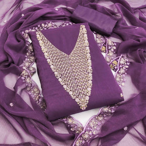 Lavender Party Wear Shimmer Dress Material with Floral Embellishment