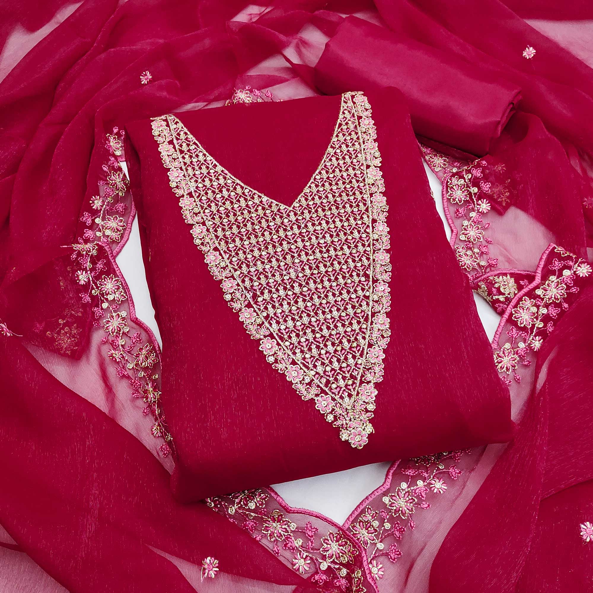 Pink Party Wear Shimmer Dress Material with Floral Embellishment