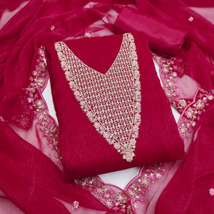 Pink Party Wear Shimmer Dress Material with Floral Embellishment