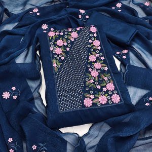 Blue Unstitched Shimmer Dress Material with Stylish Floral Embellishment