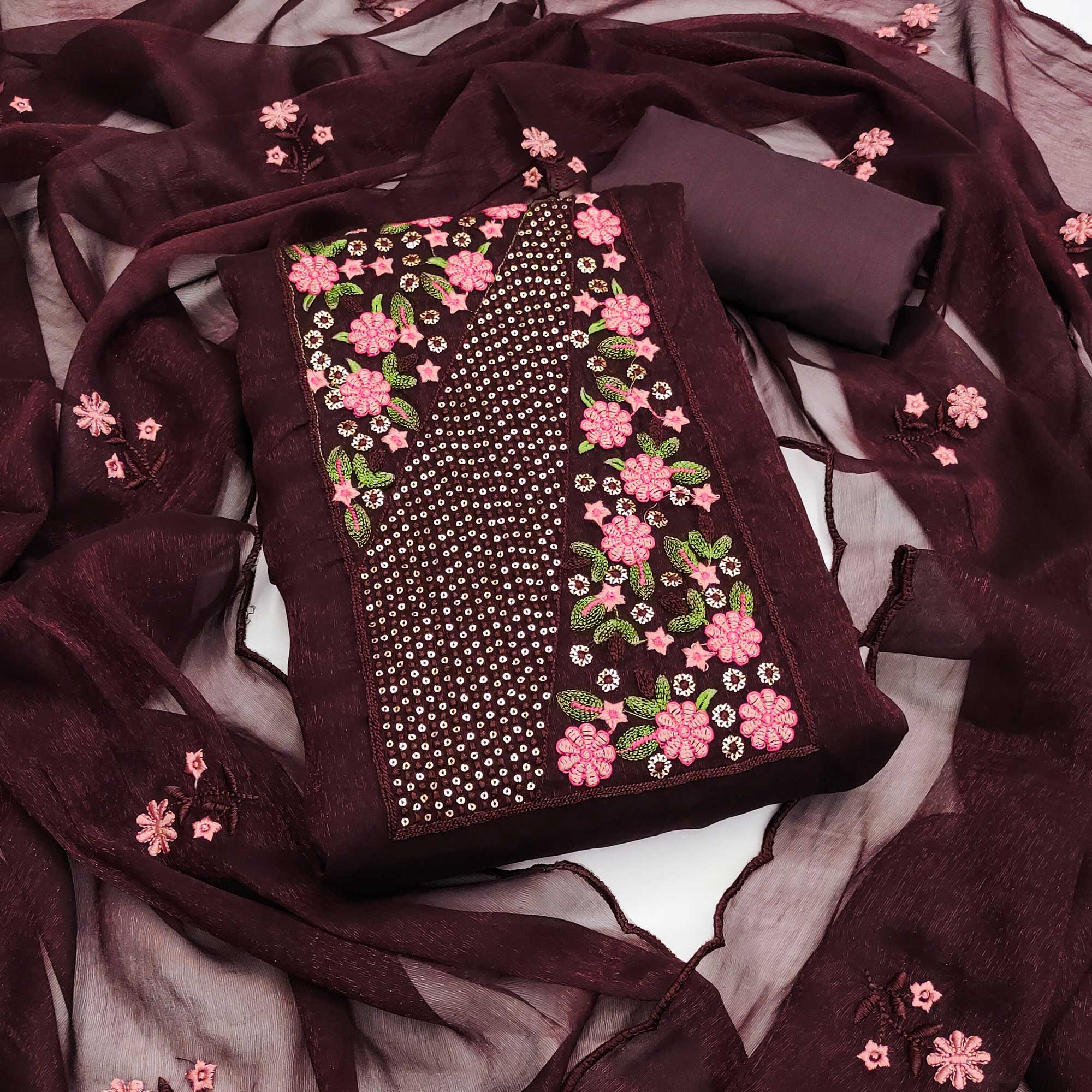 Coffee Brown Unstitched Shimmer Dress Material with Stylish Floral Embellishment