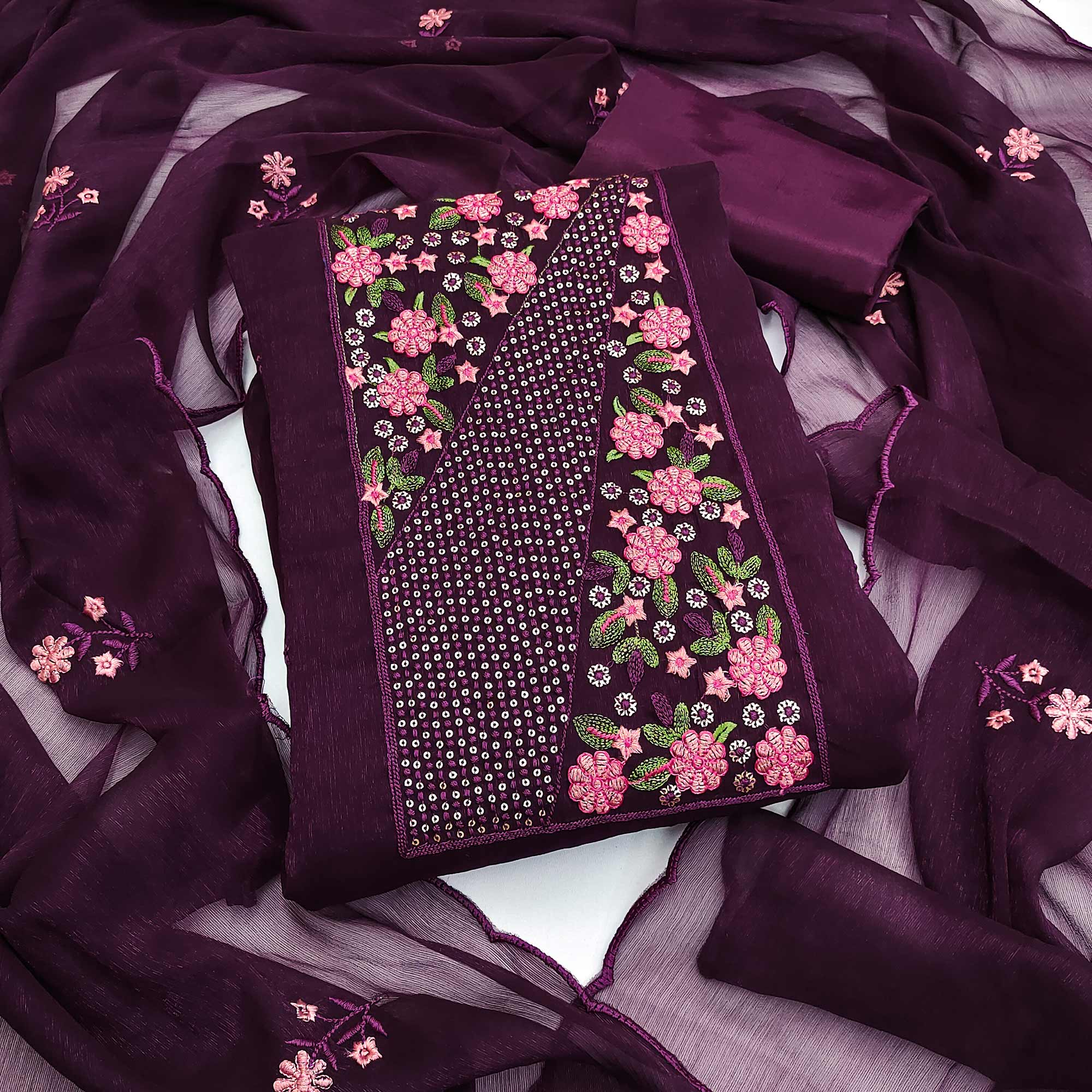 Dark Purple Unstitched Shimmer Dress Material with Stylish Floral Embellishment