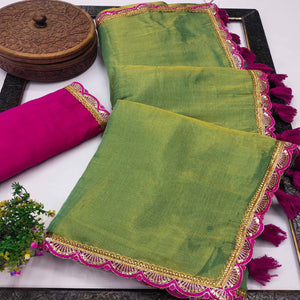 Green Beige Solid Tissue Saree Enhanced With Graceful Embroidered Lace Border Work