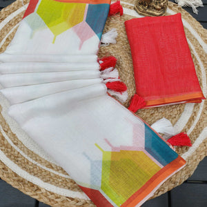 Elegant White Geometric Printed Linen Cotton Saree