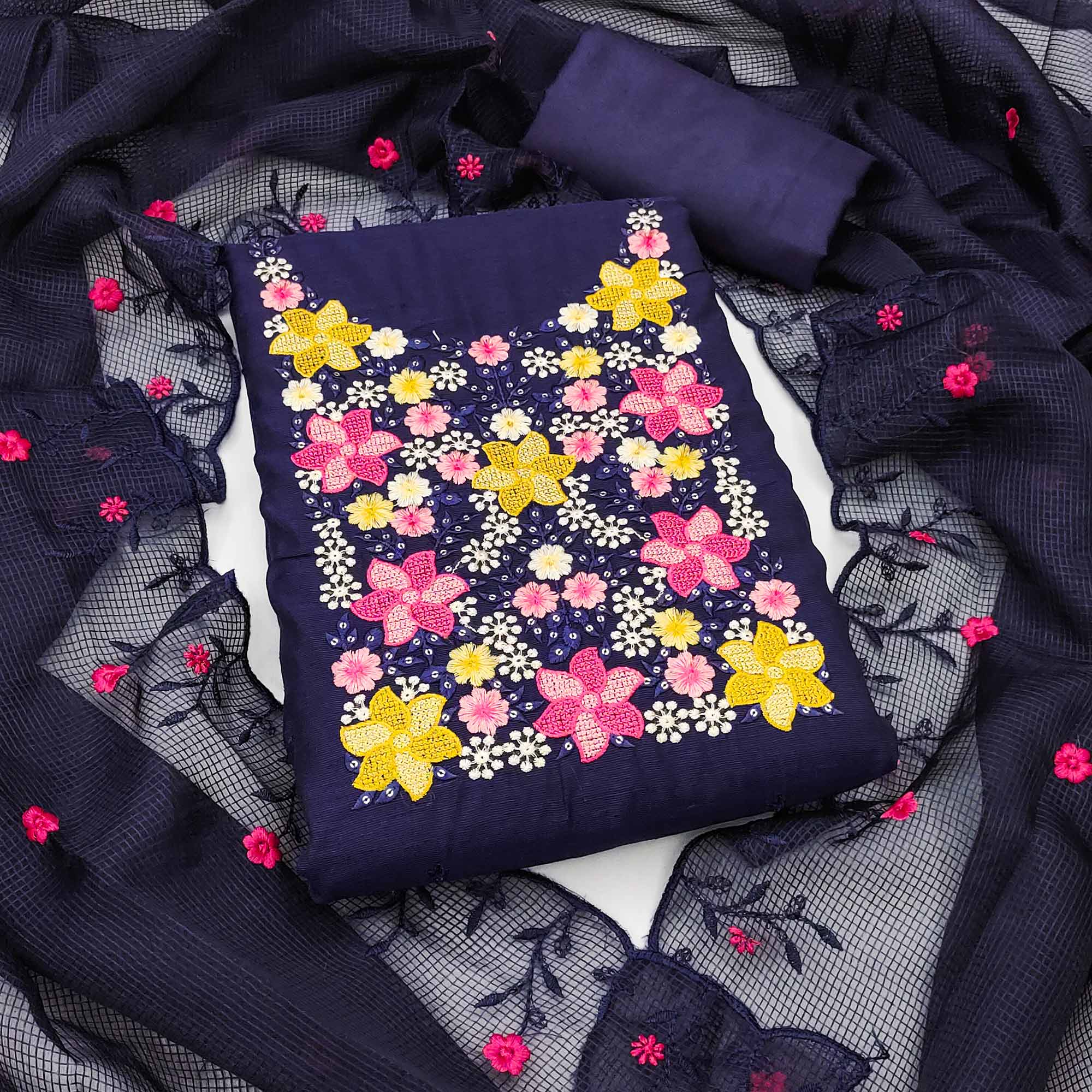 Blue Cotton Blend Unstitched Dress Fabric Featuring Delicate Floral Embroidery