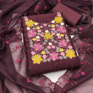 Brown Cotton Blend Unstitched Dress Fabric Featuring Delicate Floral Embroidery