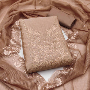 Festive Wear Brown Floral Embroidered Unstitched Cotton Blend Dress Material