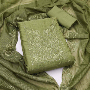 Festive Wear Green Floral Embroidered Unstitched Cotton Blend Dress Material