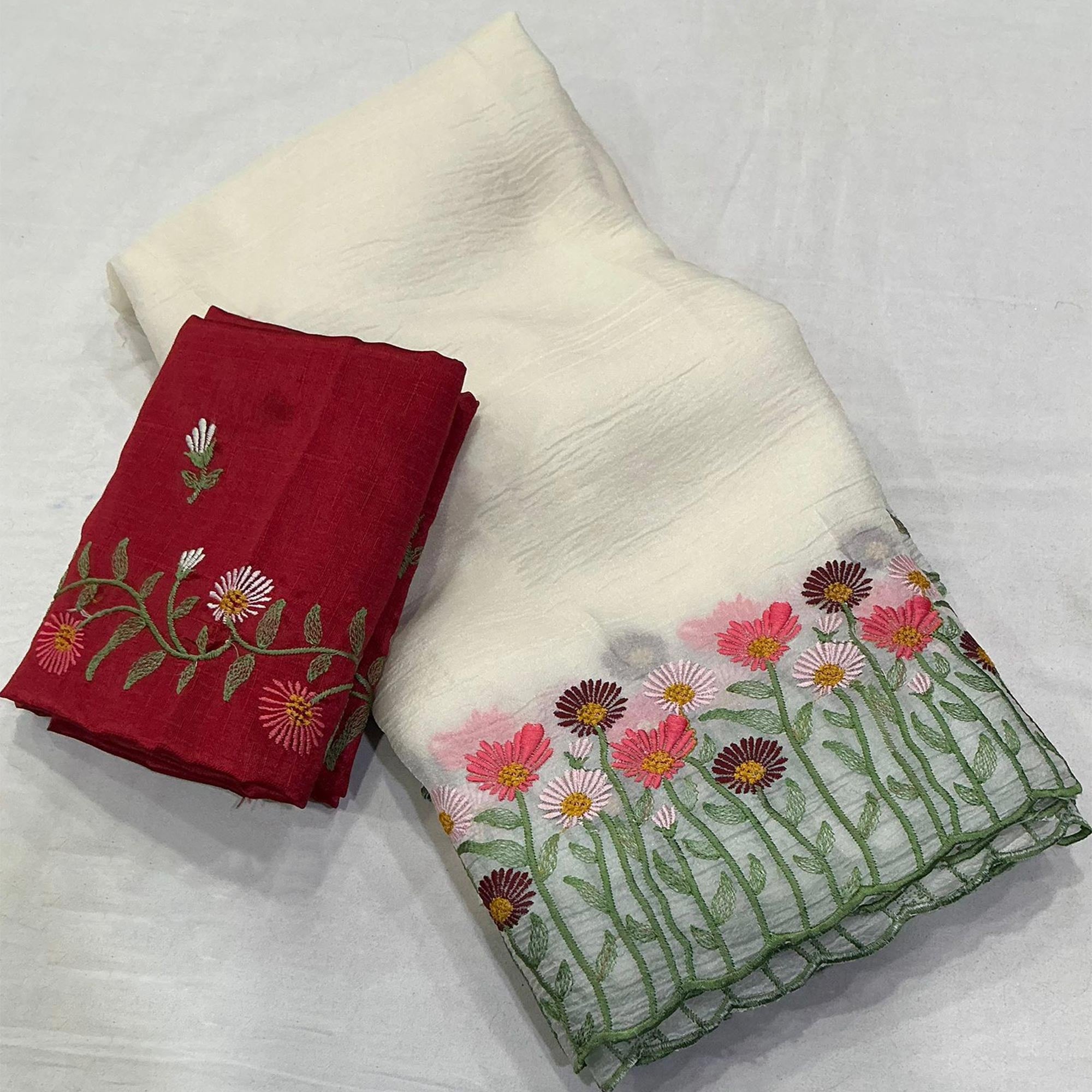 Vanilla White Lightweight Chiffon Saree Adorned with Floral Embroidery