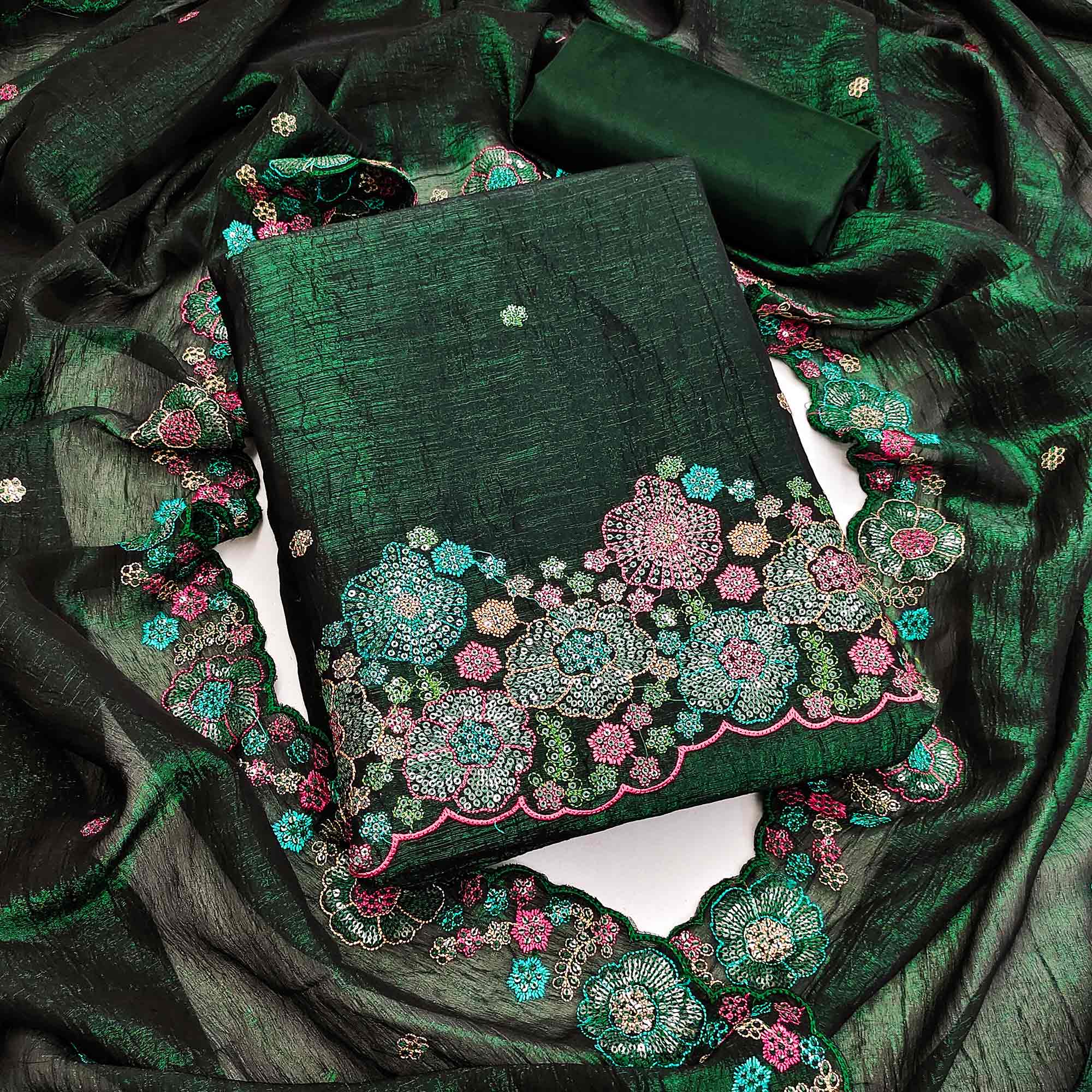 Festive Unstitched Green Cotton Blend Dress Material with Floral Embro