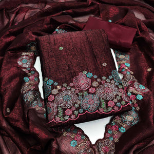 Festive Unstitched Wine Cotton Blend Dress Material with Floral Embroidery