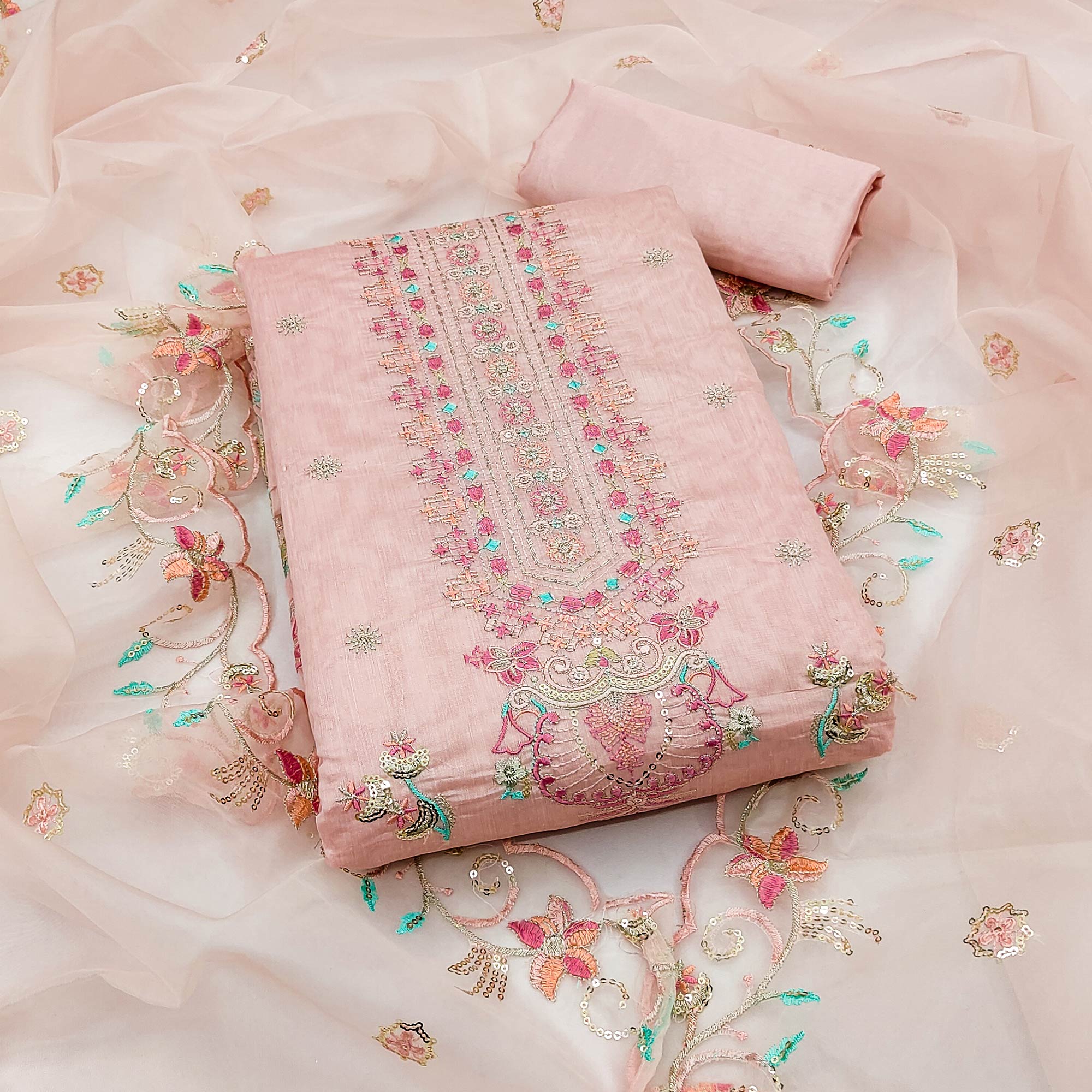 Peach Unstitched Chanderi Silk Dress Material with Delicate Sequins Work