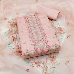 Peach Unstitched Chanderi Silk Dress Material with Delicate Sequins Work