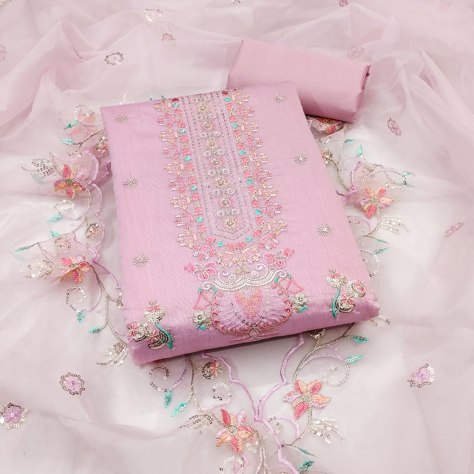 Pink Unstitched Chanderi Silk Dress Material with Delicate Sequins Work