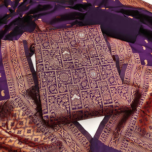 Dark Purple Banarasi Silk Dress Material With Heavy Zari Weaving