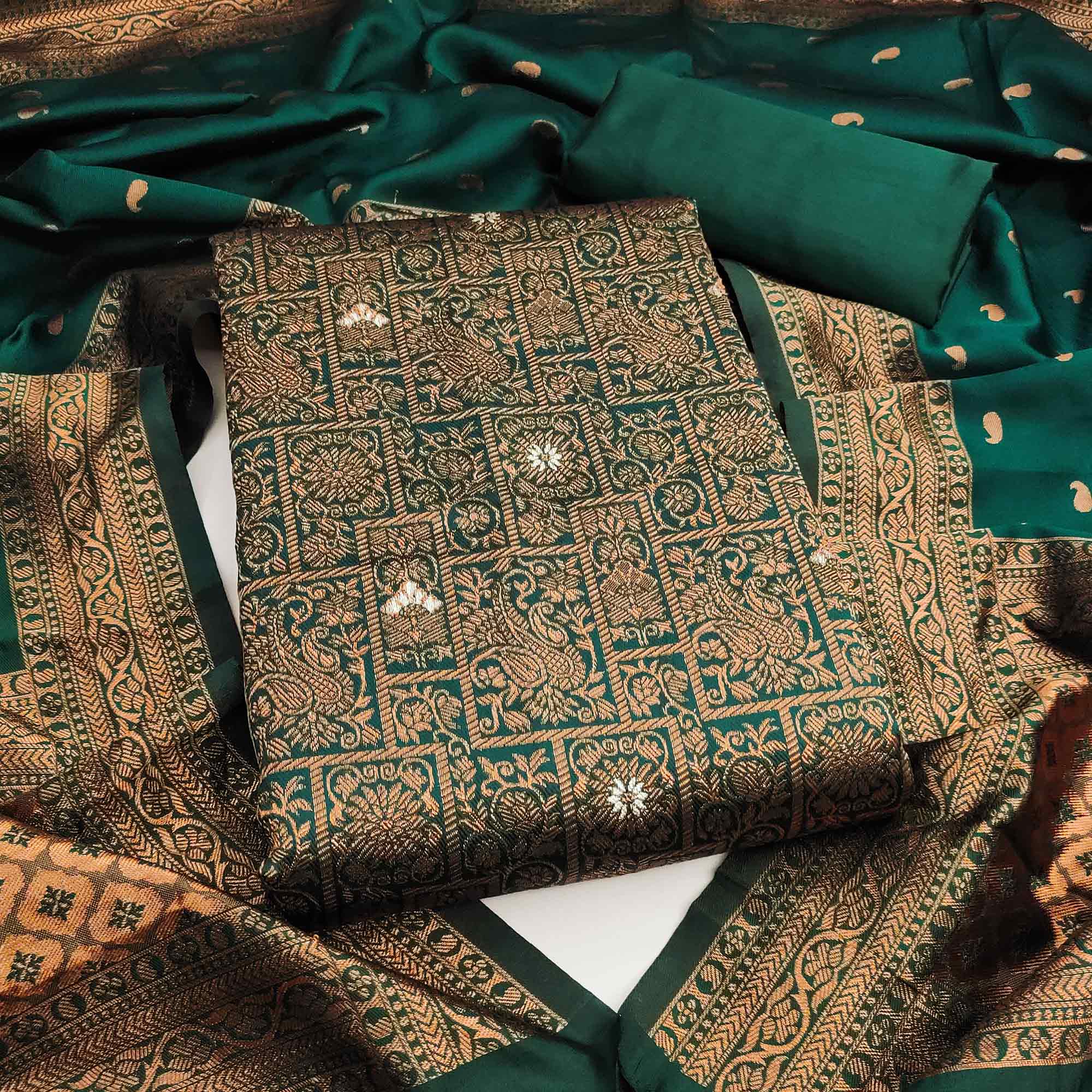 Green Banarasi Silk Dress Material With Heavy Zari Weaving