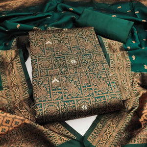 Green Banarasi Silk Dress Material With Heavy Zari Weaving