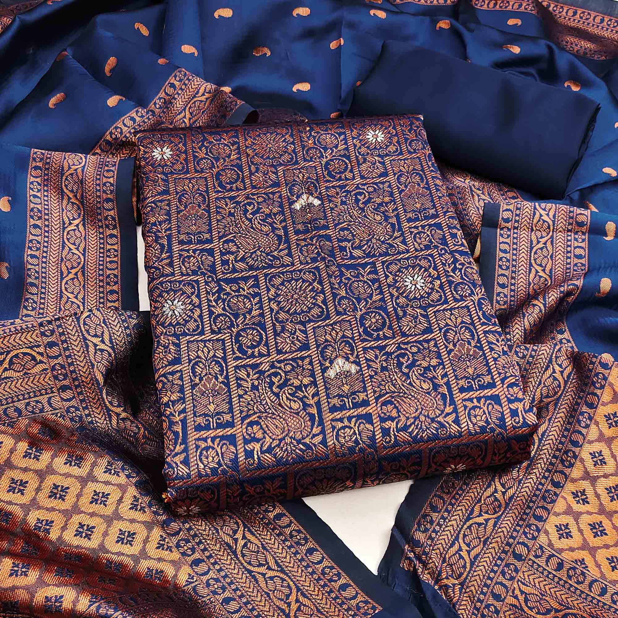 Navy Blue Banarasi Silk Dress Material with Heavy Zari Weaving