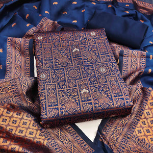 Navy Blue Banarasi Silk Dress Material with Heavy Zari Weaving