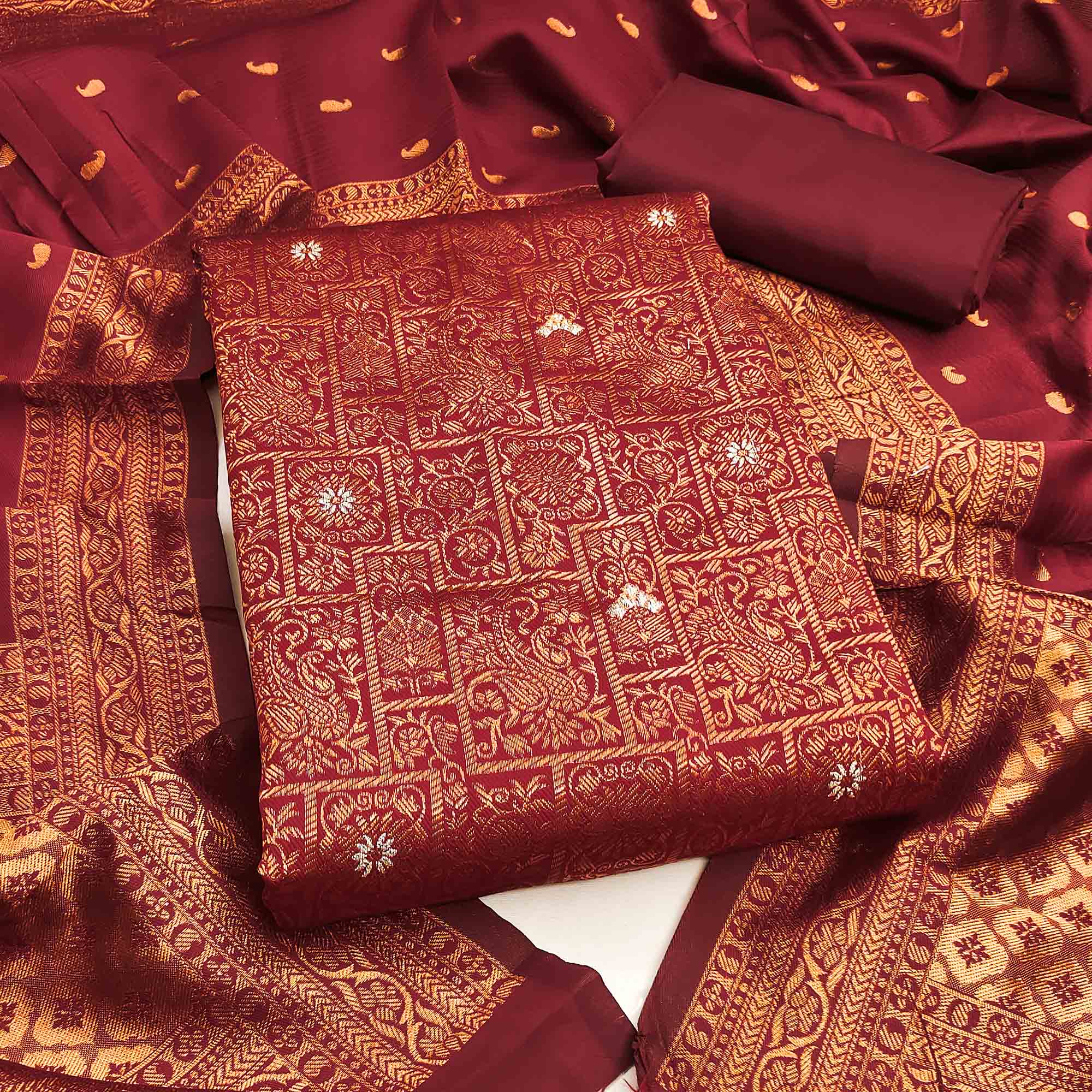 Red Banarasi Silk Dress Material With Heavy Zari Weaving